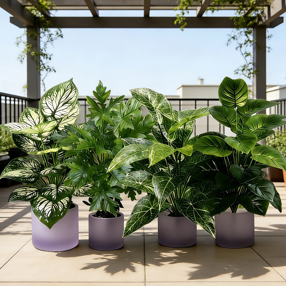Snake Plant - 4個入り人工植物、48枚の葉を持つ大型フェイク扇形葉ひまわりの木、プラスチック製の葉、人工ジャングルヤシの木（家庭用）