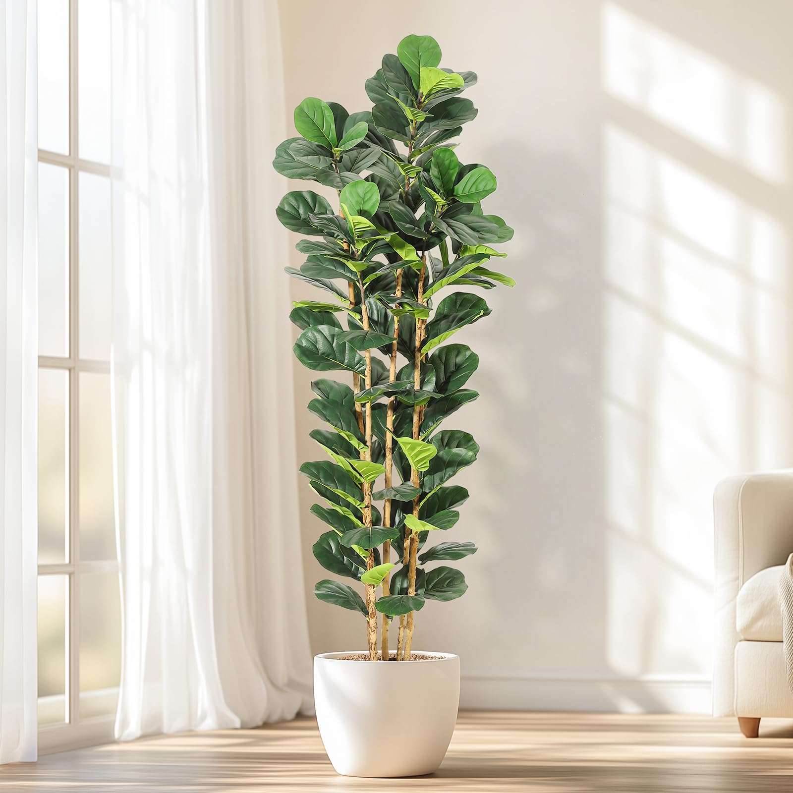 Fiddle Leaf Fig - 人工フィカスツリー（フィドルリーフフィグ）5/6/7フィート、背の高い人工植物を使用したリアルな造花、家庭用、リビングルーム、屋内・屋外の装飾に最適。