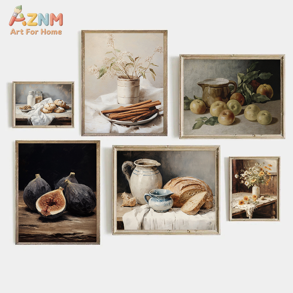 Terracotta Pot - AZNM ヴィンテージニュートラル静物キャンバスプリントフルーツパンフラワーポットアンティーク油絵ファームハウスキッチン壁ポスター額なし